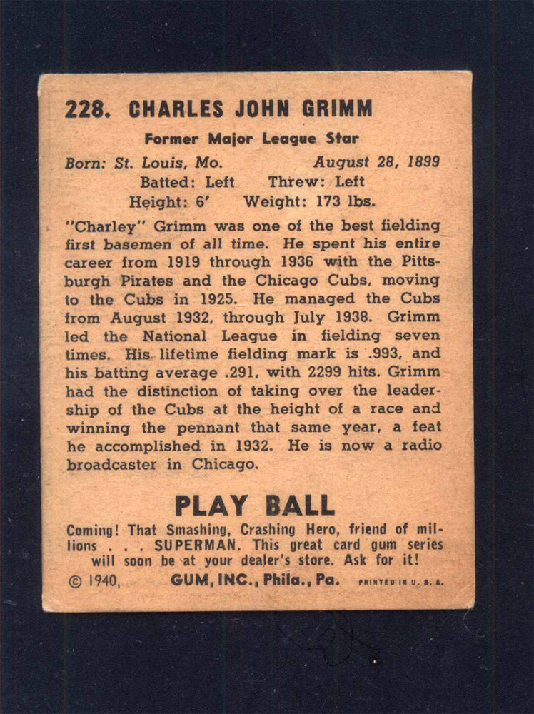 1940 Play Ball #228 Charley Grimm Pirates (GD)