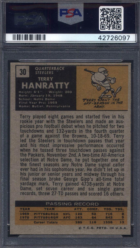 1971 Topps #30 Terry Hanratty Rookie Notre Dame Steelers Auto PSA Authentic