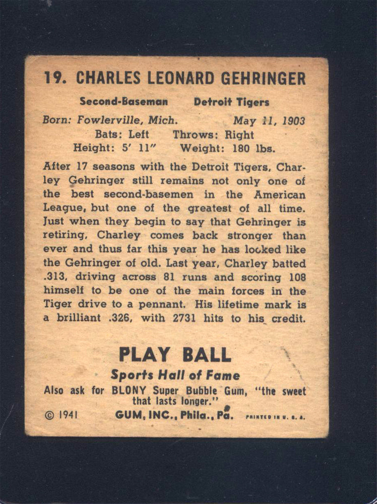 1941 Play Ball #19 Charles "Charley" Gehringer Tigers (VG)