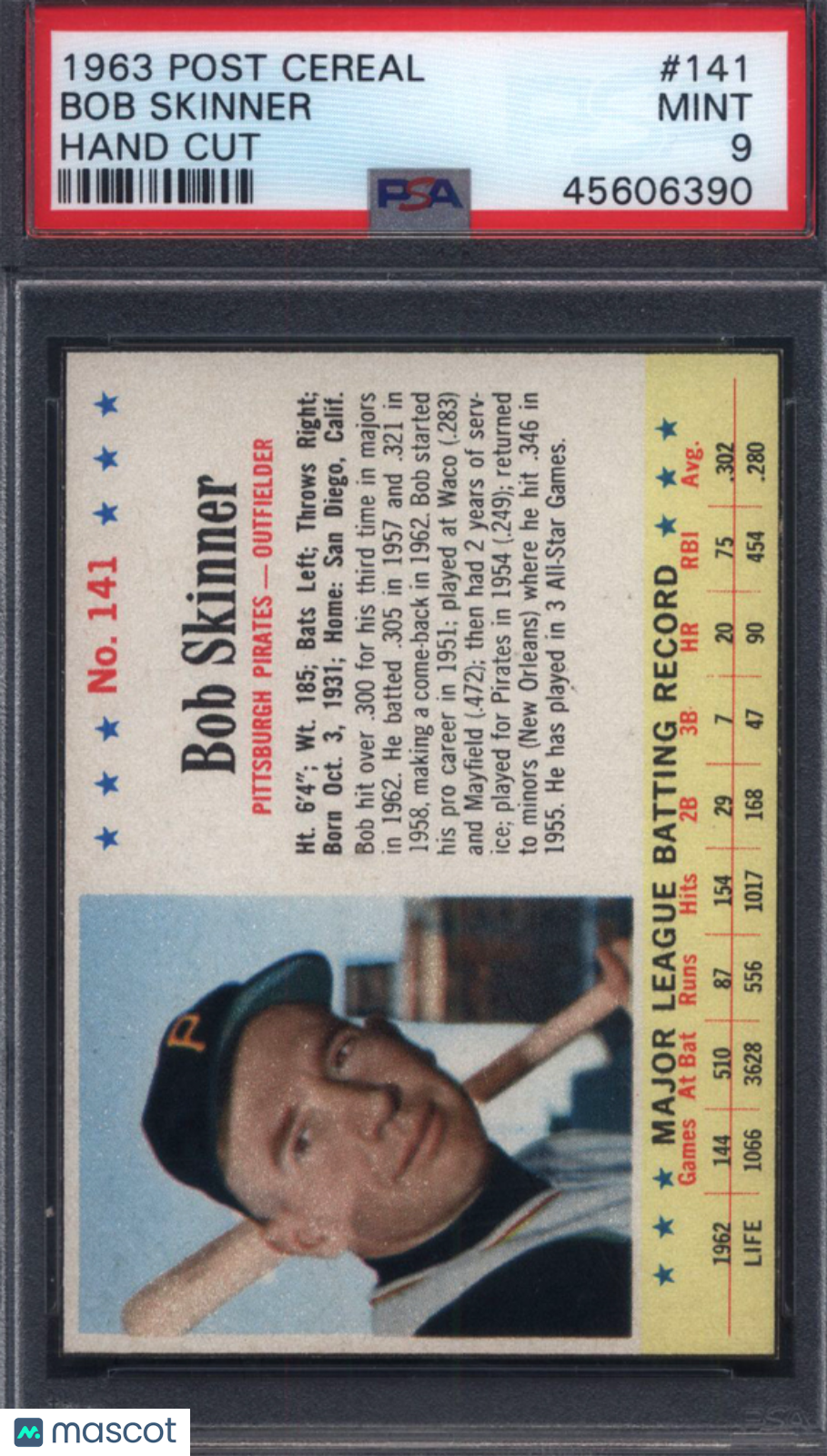 1963 Post Cereal #141 Bob Skinner Hand Cut Pirates PSA 9 POP 3 None Higher