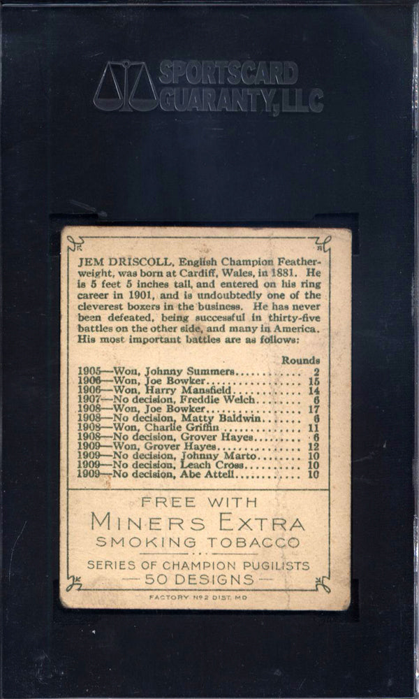 1910 T219 Miners Extra Jem Driscoll Boxing SGC 1.5
