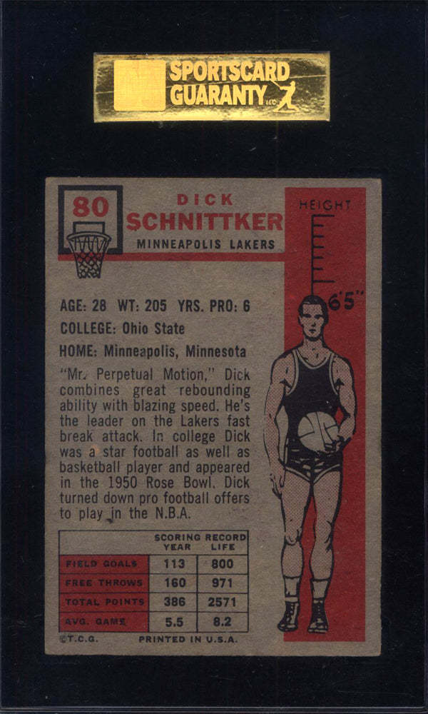 1957 Topps #80 Dick Schnittker Rookie Lakers SGC 5