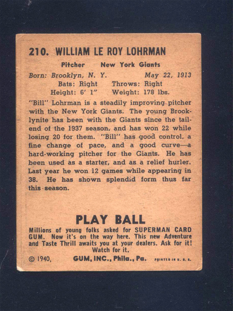 1940 Play Ball #210 Bill Lohrman Giants (VG)
