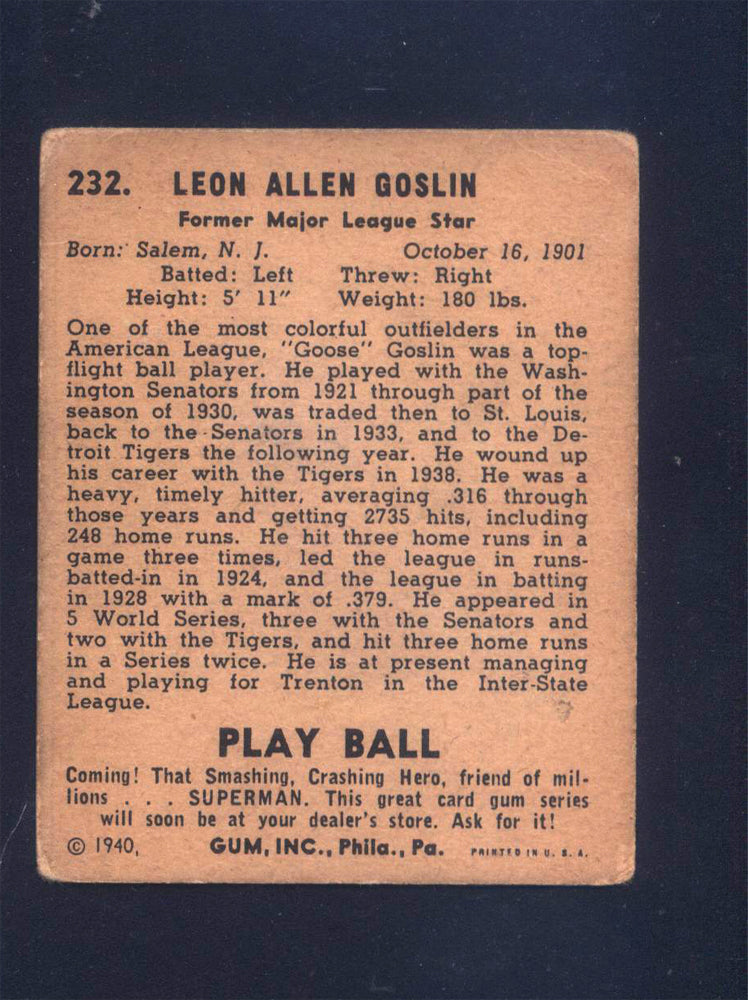 1940 Play Ball #232 Goose Goslin Tigers (GD)