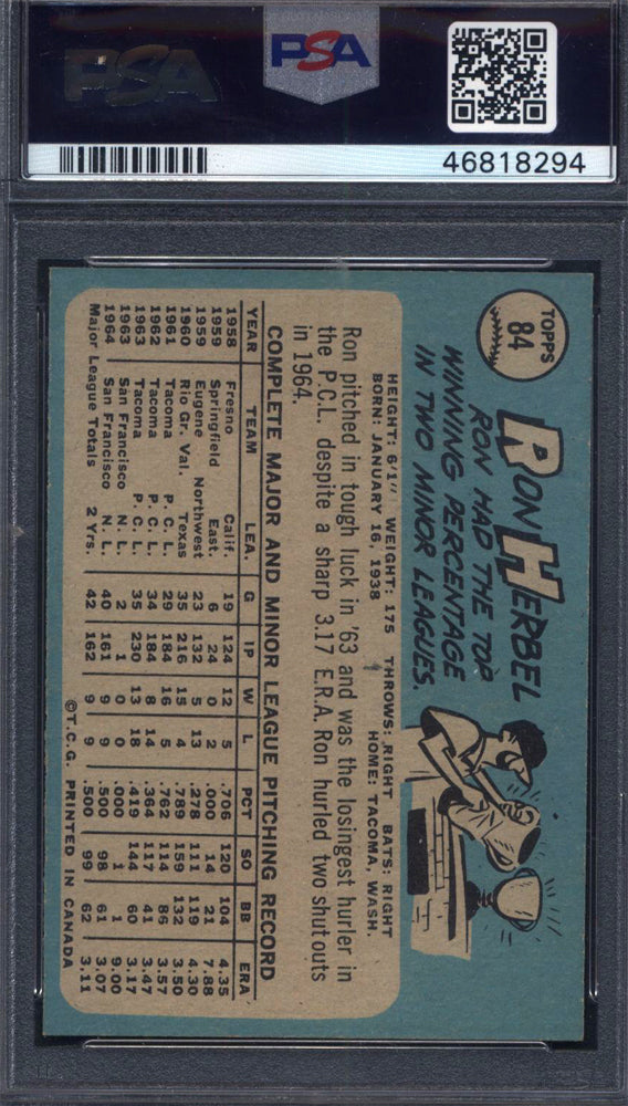 1965 OPC O-Pee-Chee #84 Ron Herbel Giants PSA 7