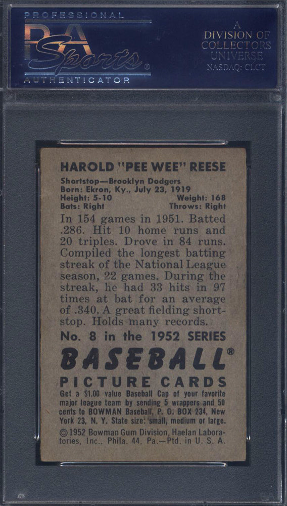 1952 Bowman #8 Pee Wee Reese Dodgers PSA 6