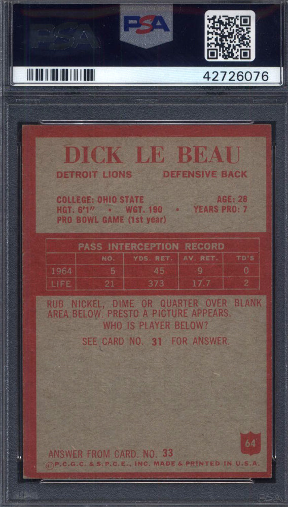 1965 Philadelphia #64 Dick Lebeau Rookie HOF Lions Signed Auto PSA Authentic