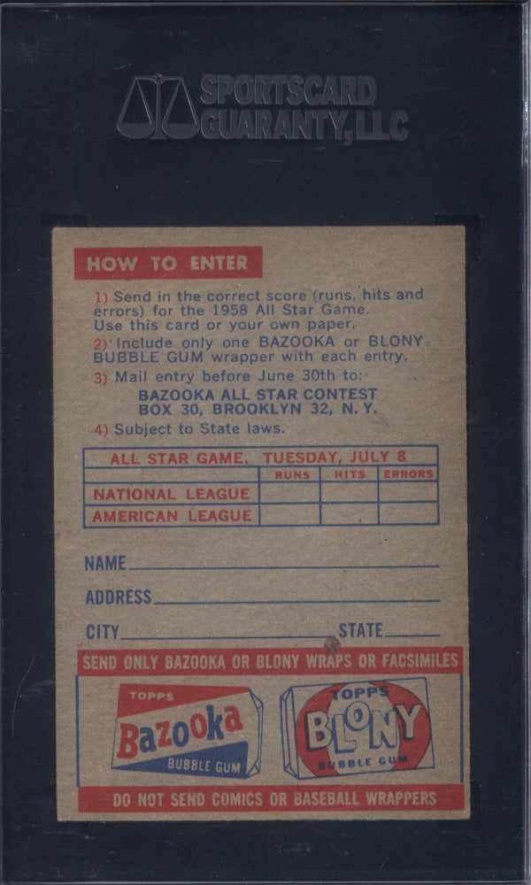 1958 Topps Bazooka Baseball Contest Card SGC 5