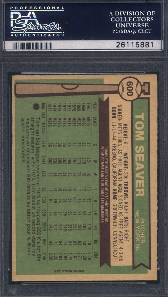 1976 OPC O-Pee-Chee #600 Tom Seaver Mets PSA 8