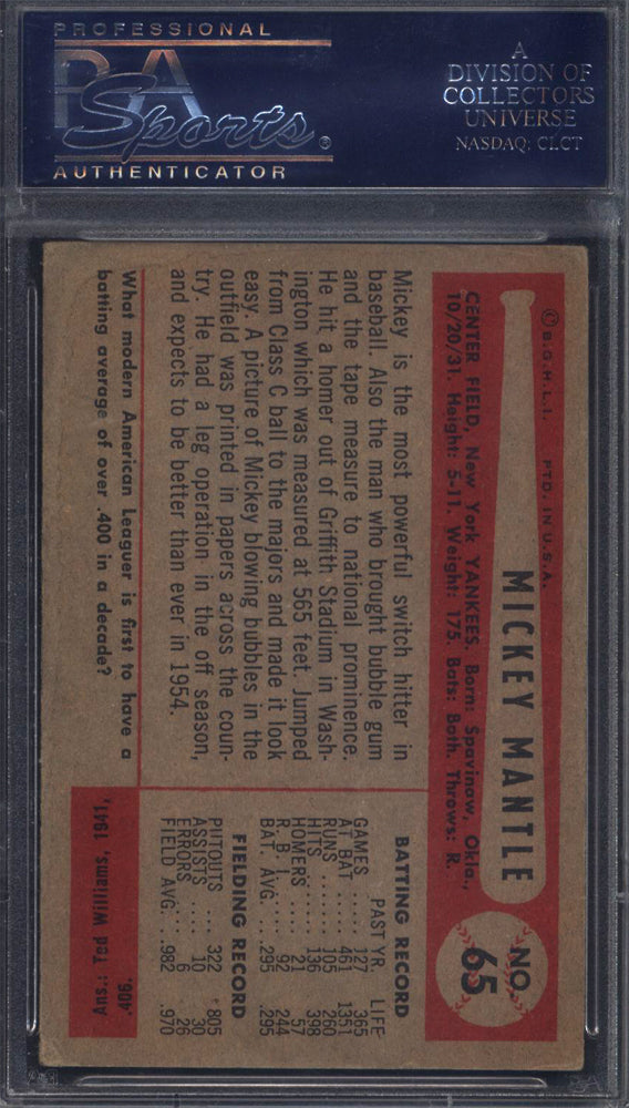 1954 Bowman #65 Mickey Mantle Yankees PSA 3 Well Centered