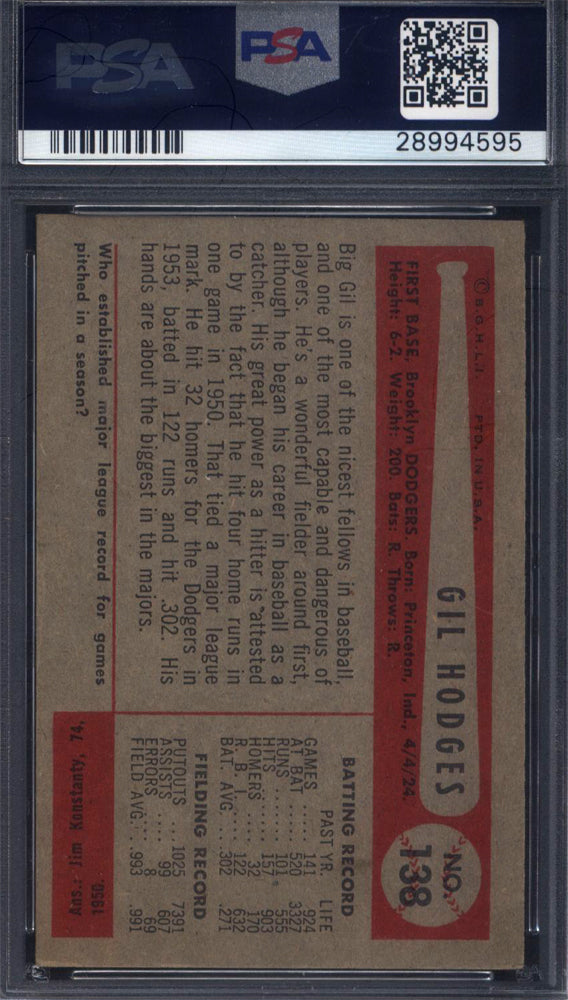 1954 Bowman #138 Gil Hodges Dodgers 993. 991 Field Avg. PSA 6