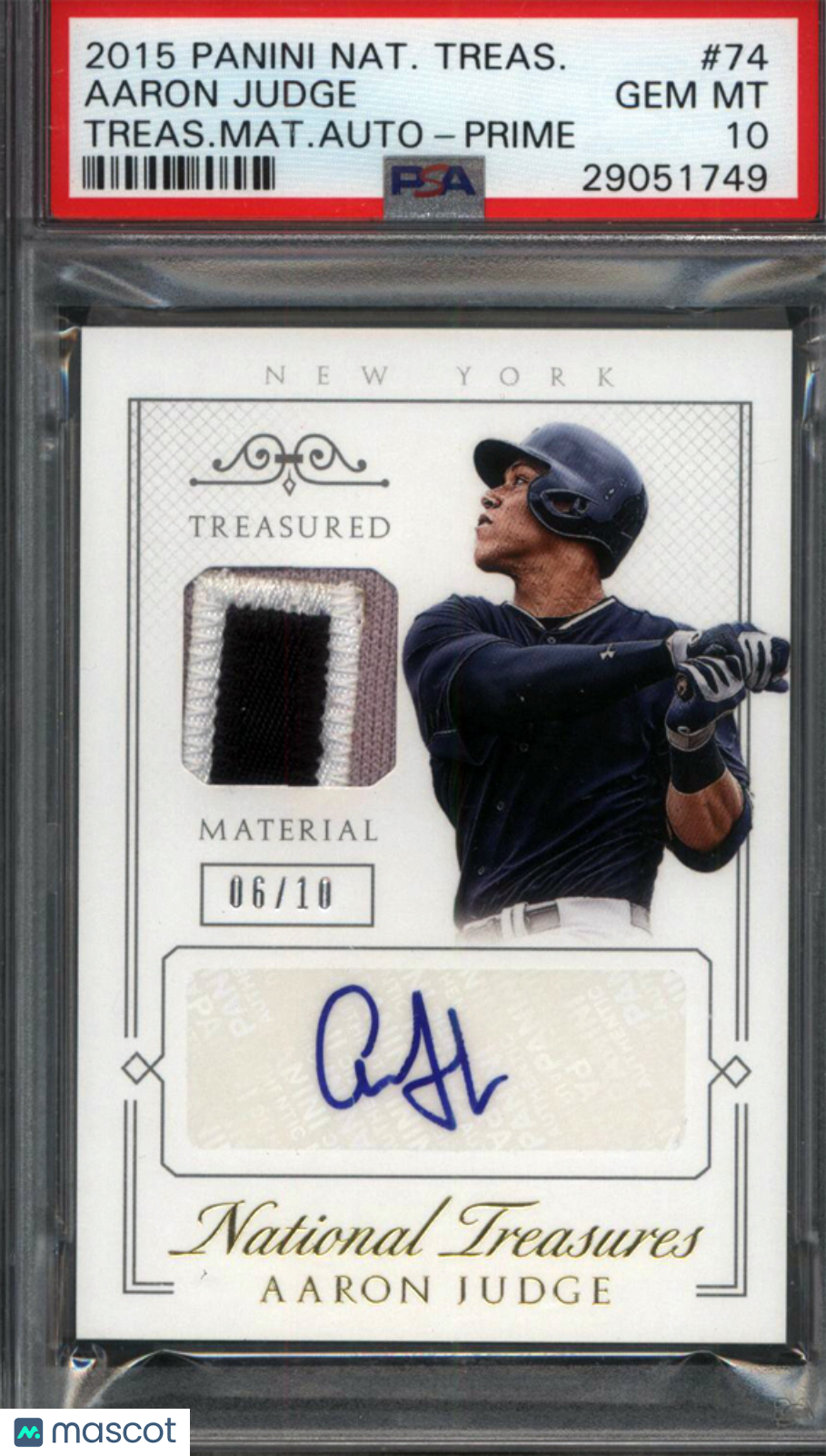 2015 National Treasures Treasured Material #74 Aaron Judge Auto /10 PSA 10 pop 1