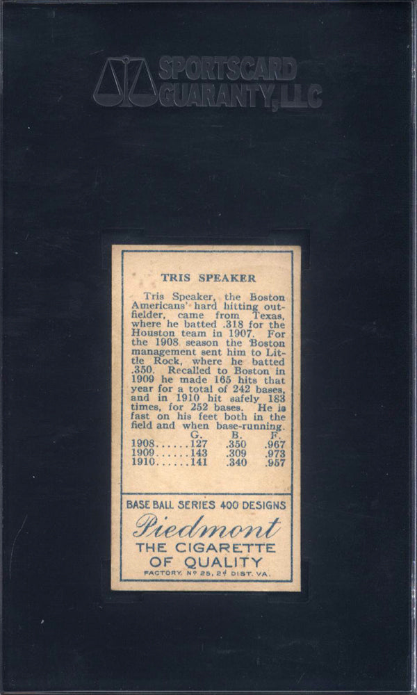 T205 Tris Speaker Boston Piedmont Back SGC Authentic (Appears Near Mint)