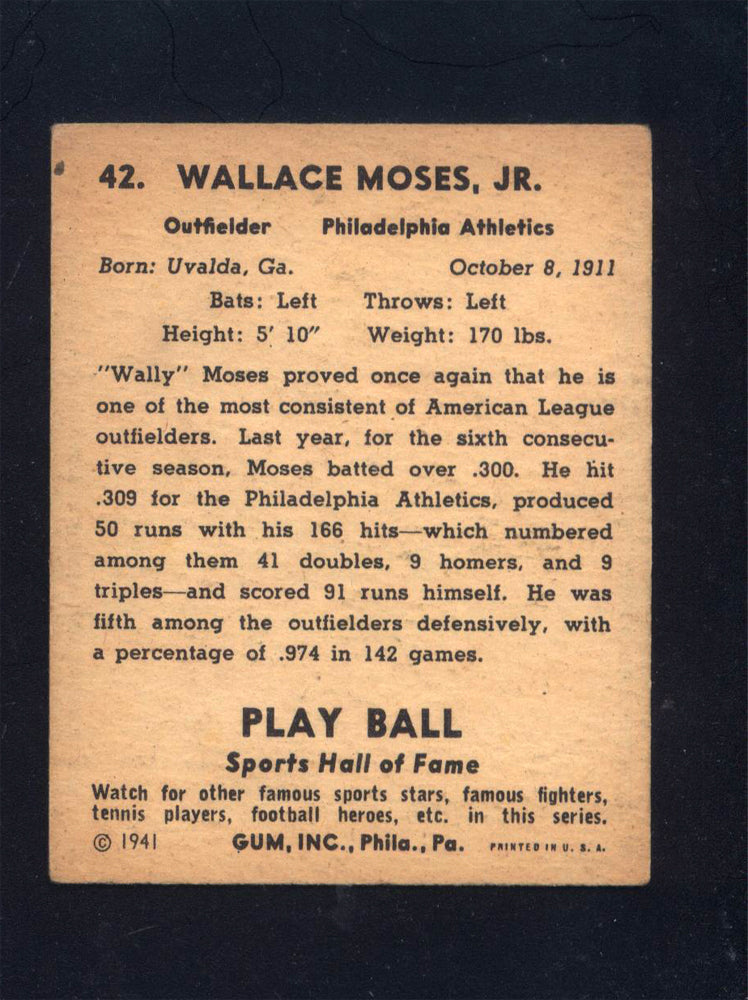 1941 Play Ball #42 Wally Moses Athletics (VG/EX)