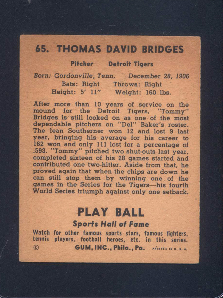 1941 Play Ball #65 Tommy Bridges Tigers (VG/EX)