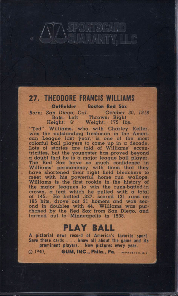 1940 Playball #27 Ted Williams Red Sox SGC 5