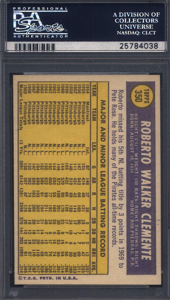 1970 Topps #350 Roberto Clemente Pirates PSA 8