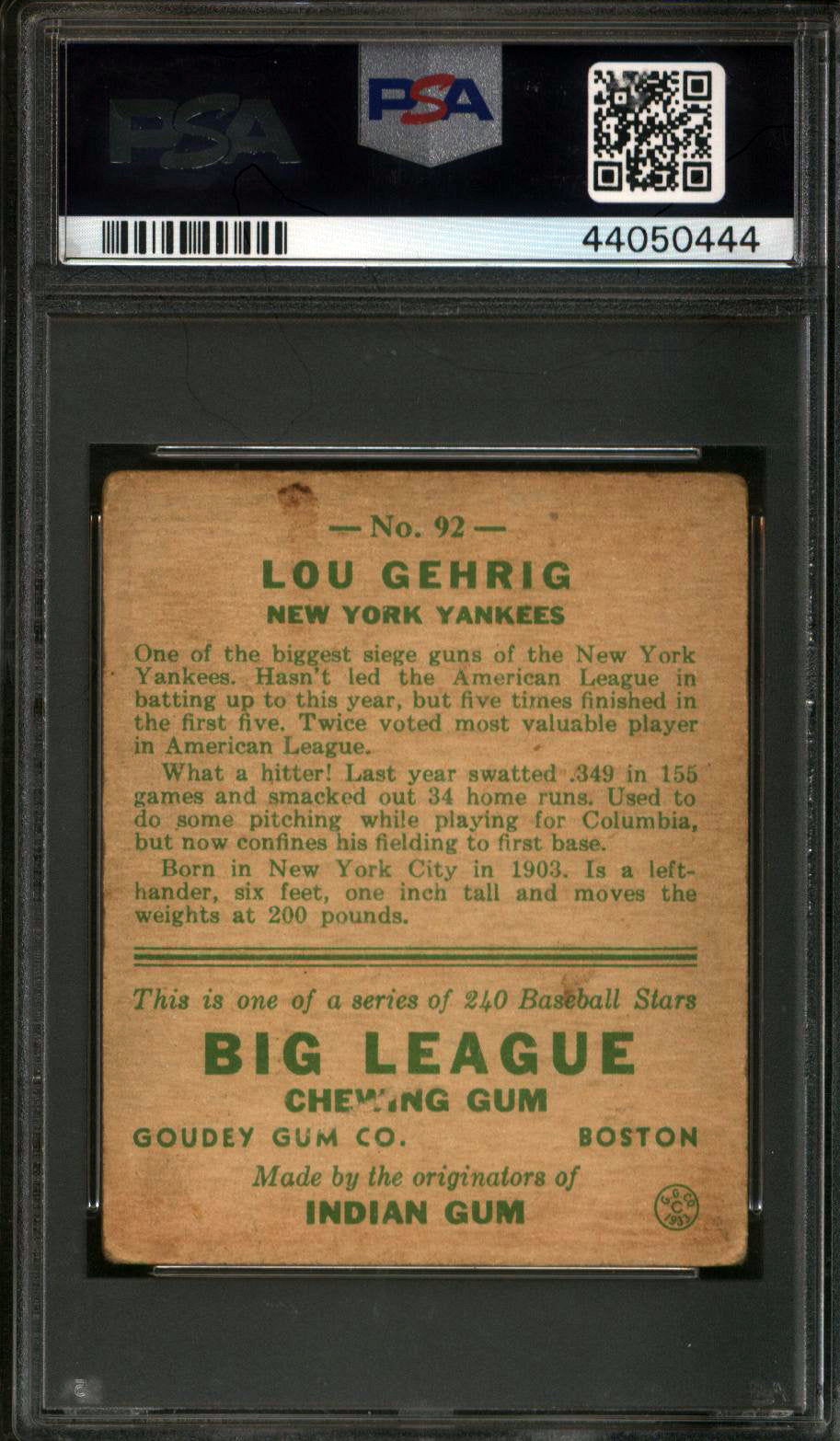 1933 Goudey #92 Lou Gehrig Yankees PSA 2.5
