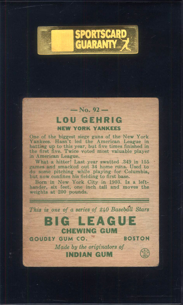 1933 Goudey #92 Lou Gehrig Yankees SGC 4