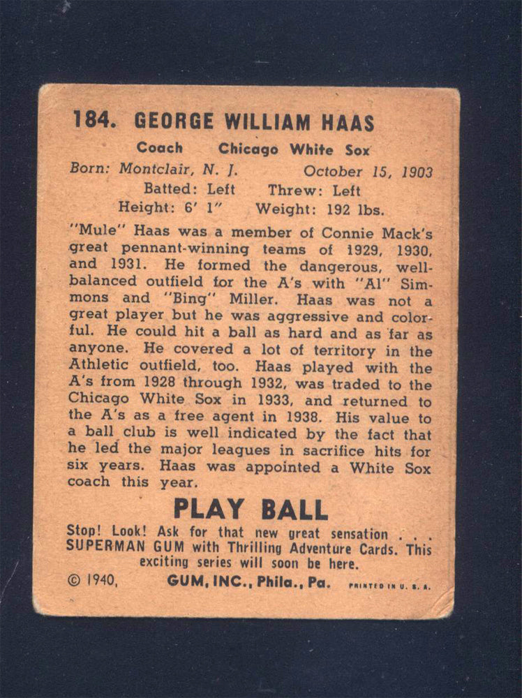 1940 Play Ball #184 Mule Haas White Sox (GD)