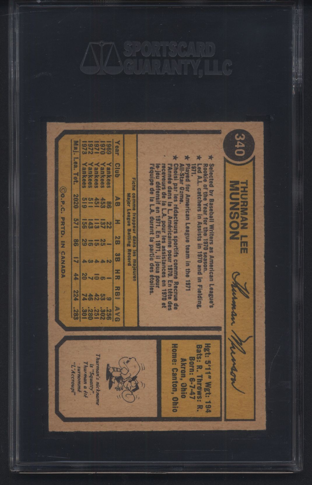 1974 OPC O-Pee-Chee #340 Thurman Munson Yankees SGC 8