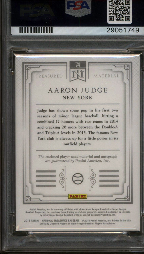 2015 National Treasures Treasured Material #74 Aaron Judge Auto /10 PSA 10 pop 1