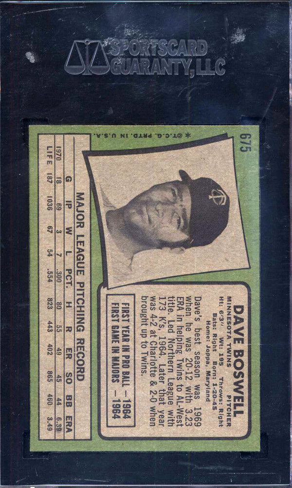 1971 Topps High# 675 Dave Boswell Twins SGC 8
