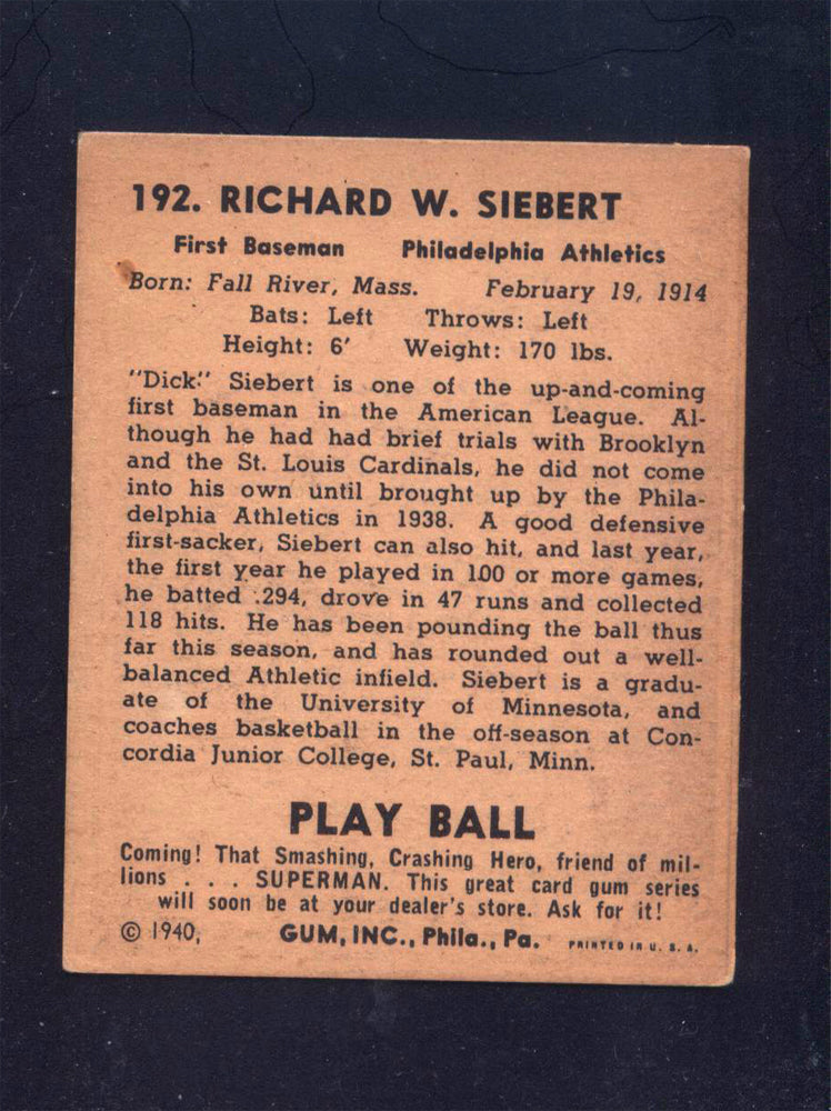 1940 Play Ball #192 Dick Siebert Athletics (VG/EX)