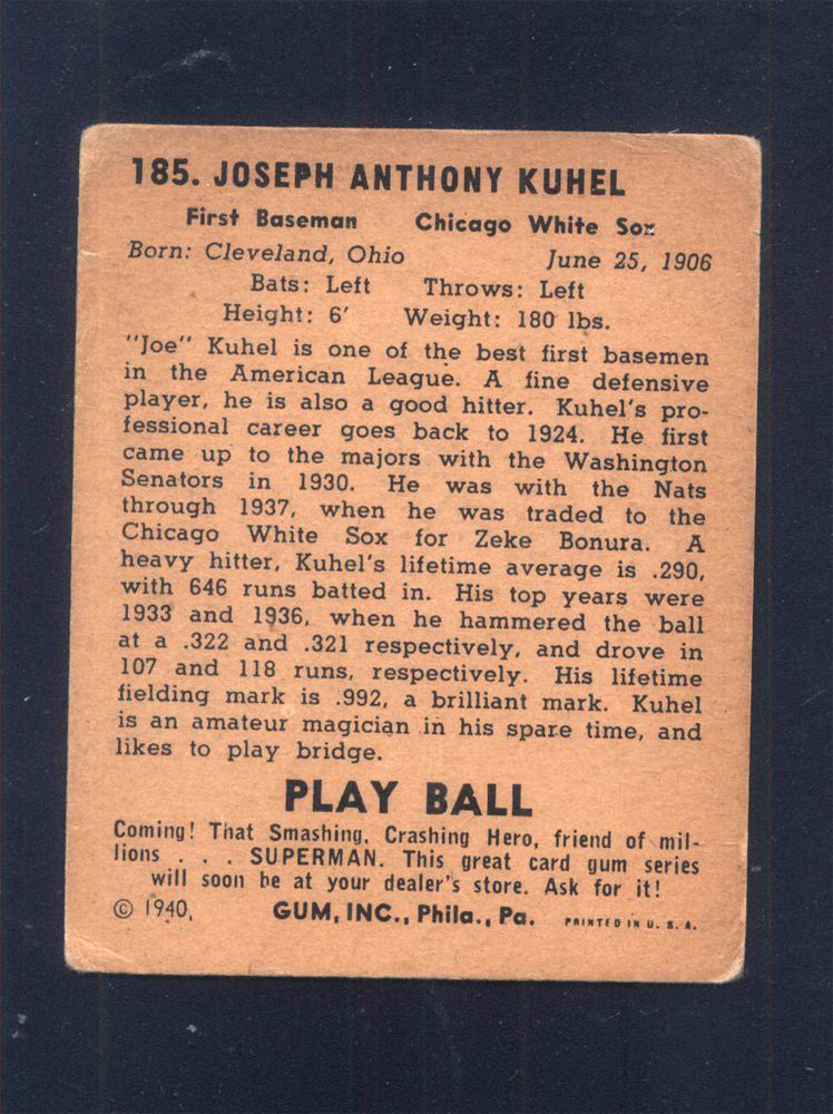 1940 Play Ball #185 Joe Kuhel White Sox (GD)