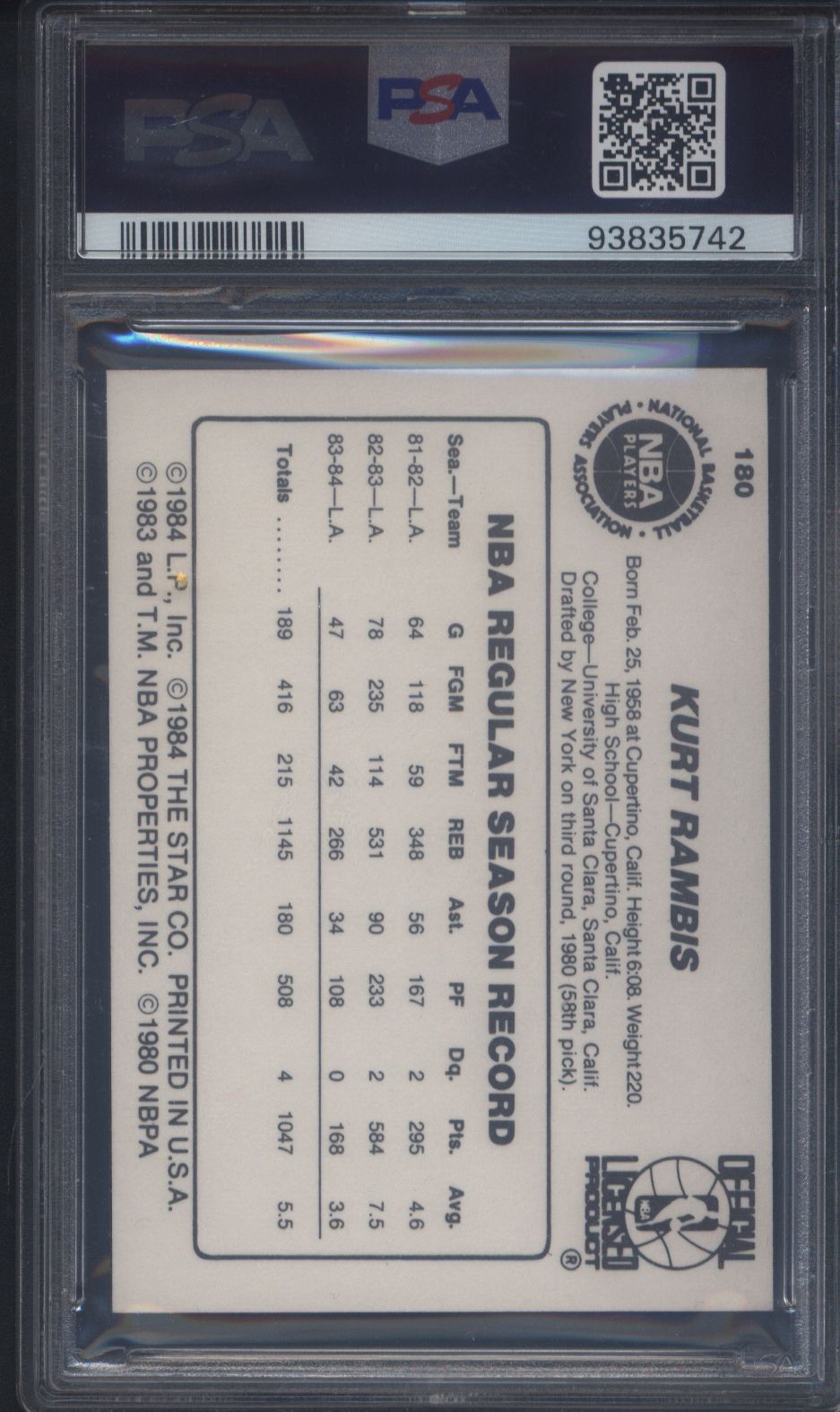 1984 Star #180 Kurt Rambis Lakers PSA 8