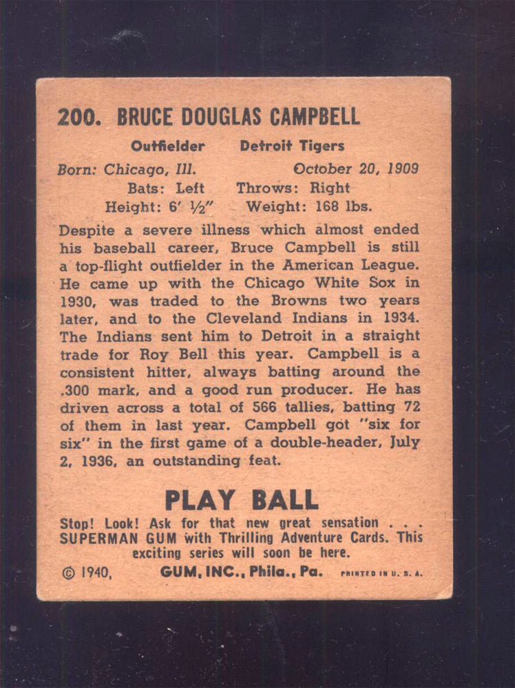 1940 Play Ball #200 Soupy Campbell Tigers (VG/EX)