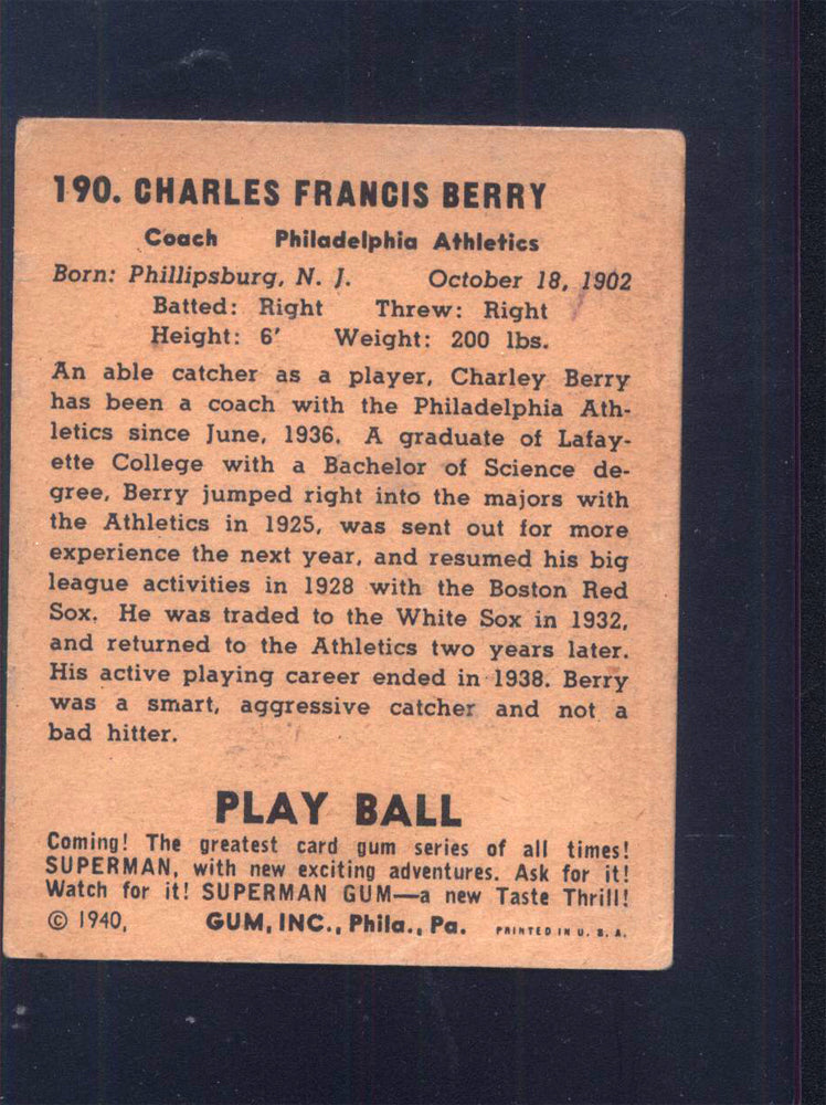 1940 Play Ball #190 Charley Berry Athletics (VG)