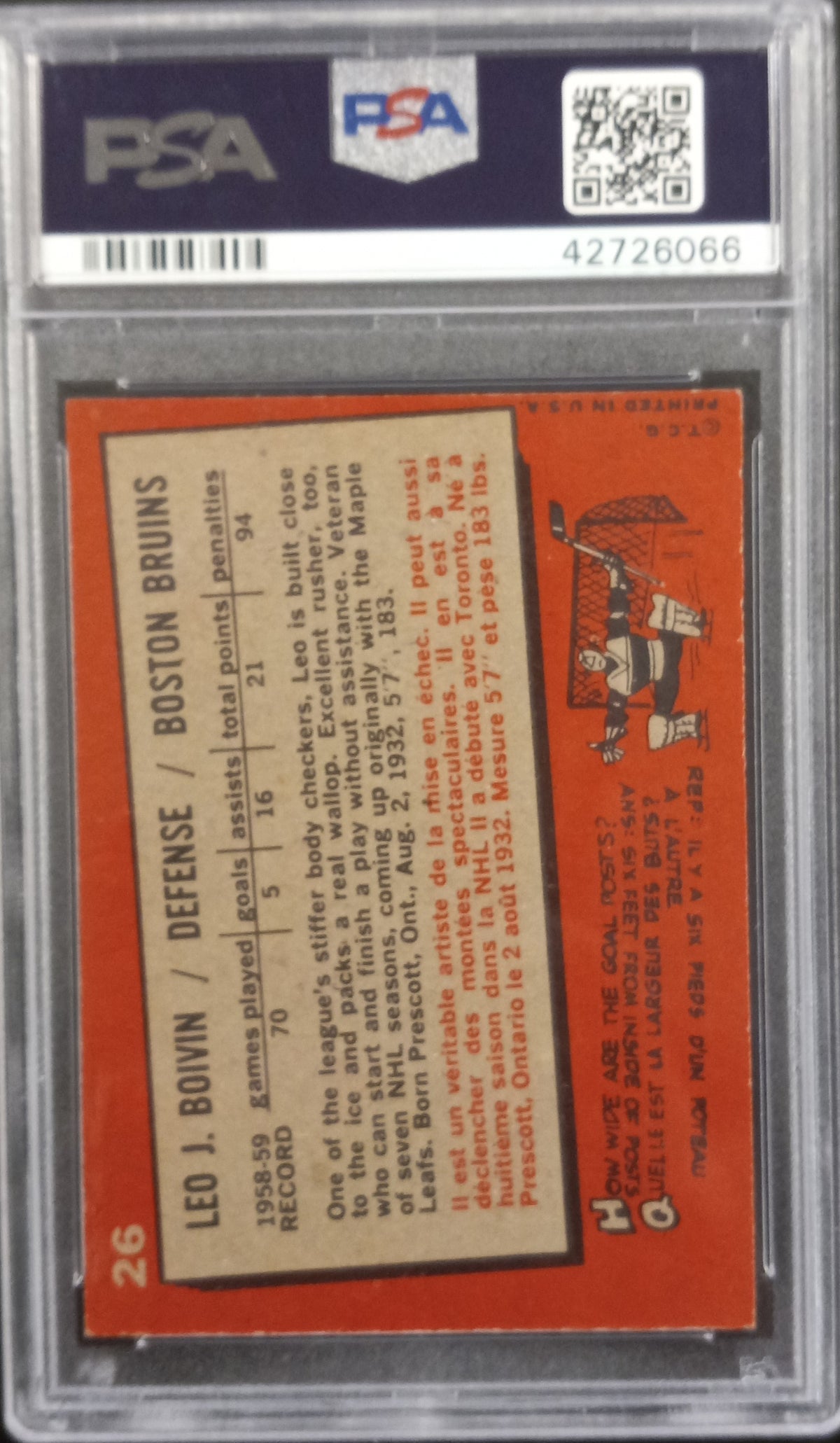 1959 Topps #26 Leo Boivin Signed Autograph PSA/DNA Bruins PSA Authentic