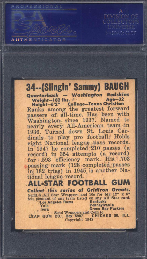 1948 Leaf #34 Sammy Baugh Rookie HOF Redskins PSA 6