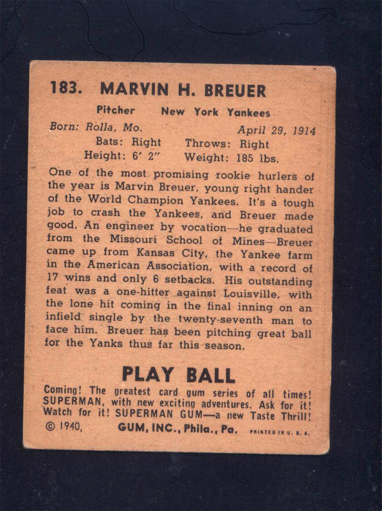 1940 Play Ball #183 Marvin Breuer Yankees (VG)