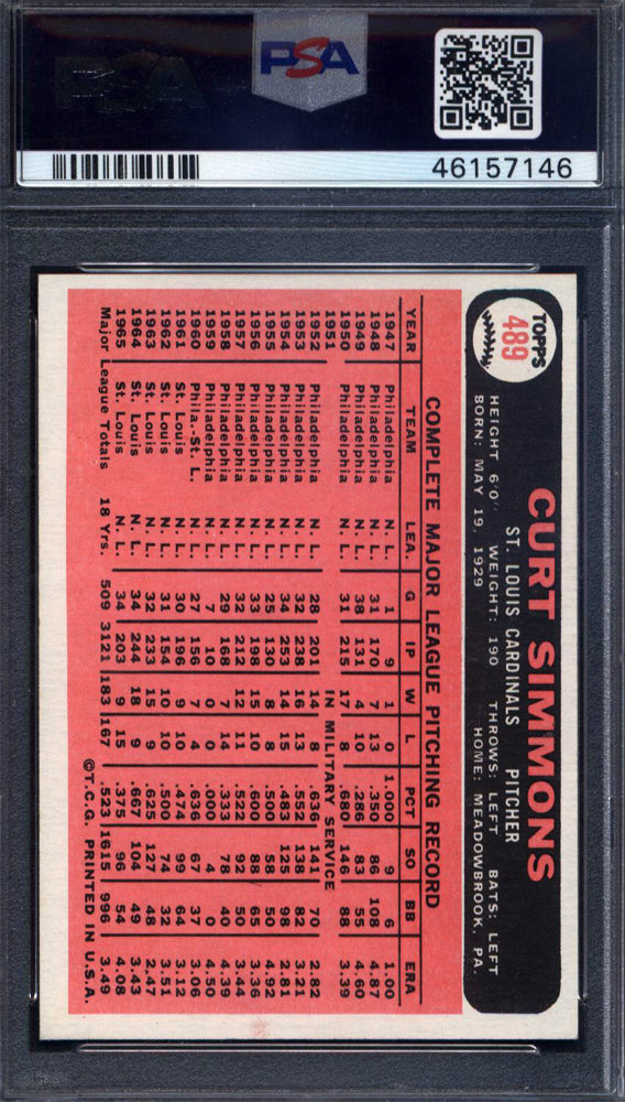 1966 Topps #489 Curt Simmons Cardinals PSA 9