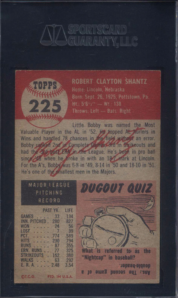 1953 Topps #225 Bobby Shantz Athletics SGC 5