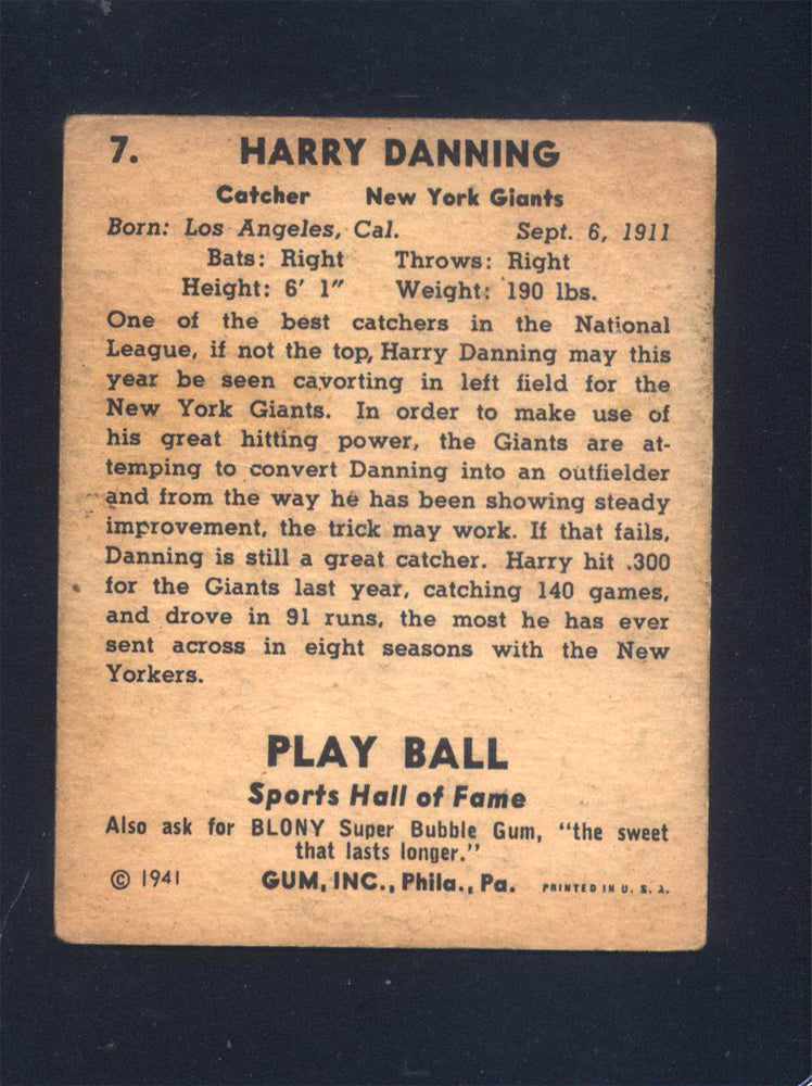 1941 Play Ball #7 Harry "The Horse" Danning Giants (VG)