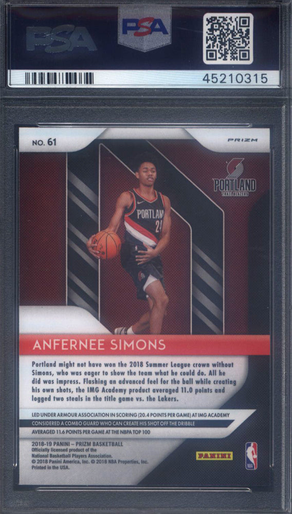 2018 Panini Prizm #61 Anfernee Simons Silver Rookie PSA 10