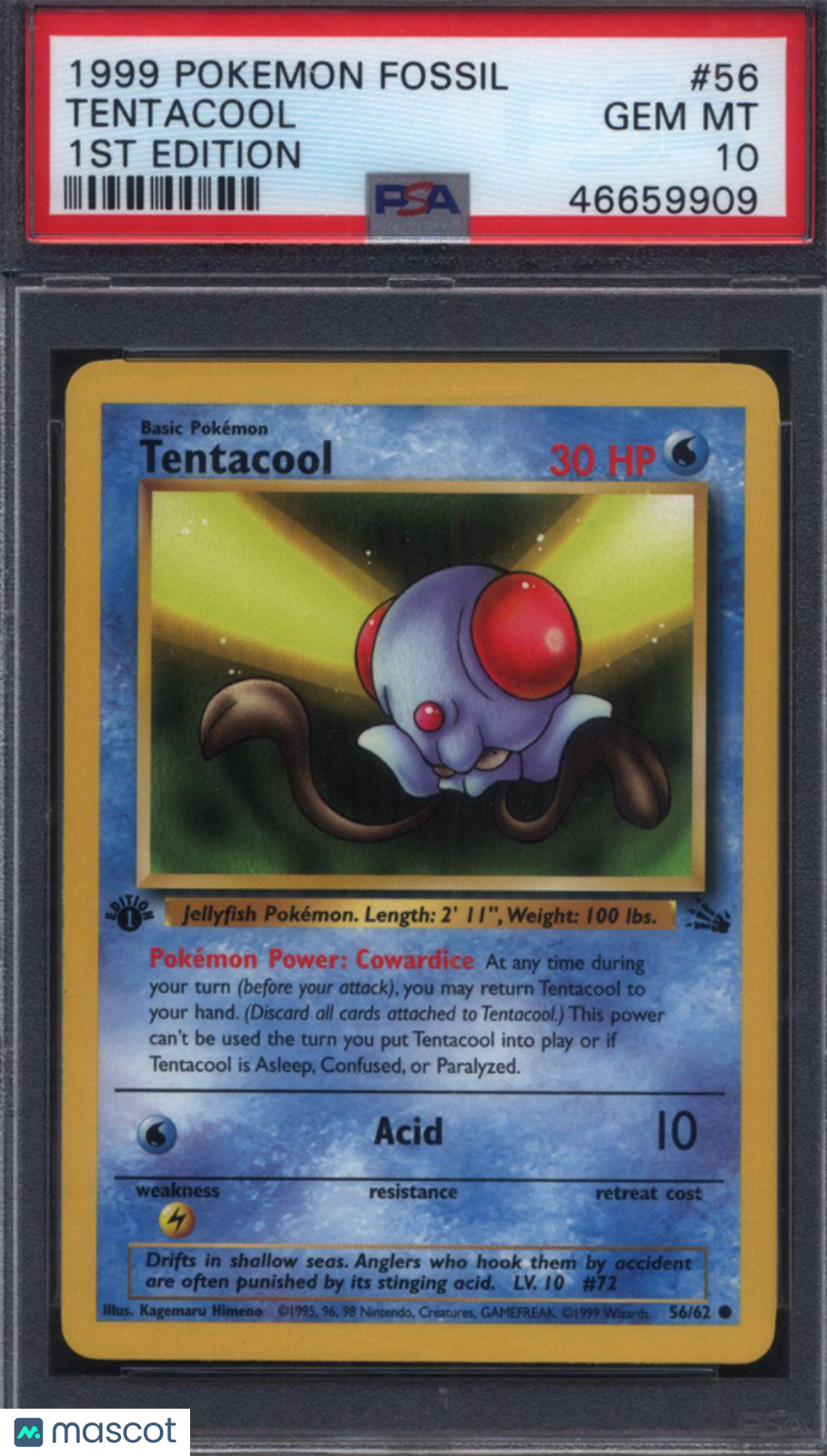 1999 Pokemon Fossil 1st Edition #56 Tentacool PSA 10