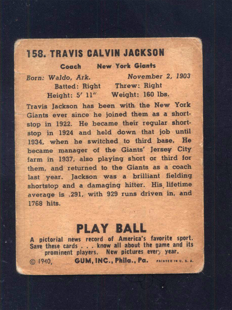 1940 Play Ball #158 Stonewall Jackson Giants (GD)