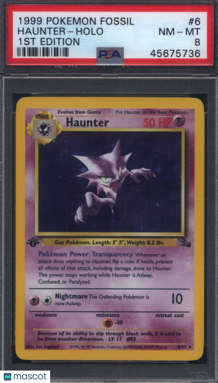 1999 Pokemon Fossil 1st Edition #6 Haunter Holo PSA 8
