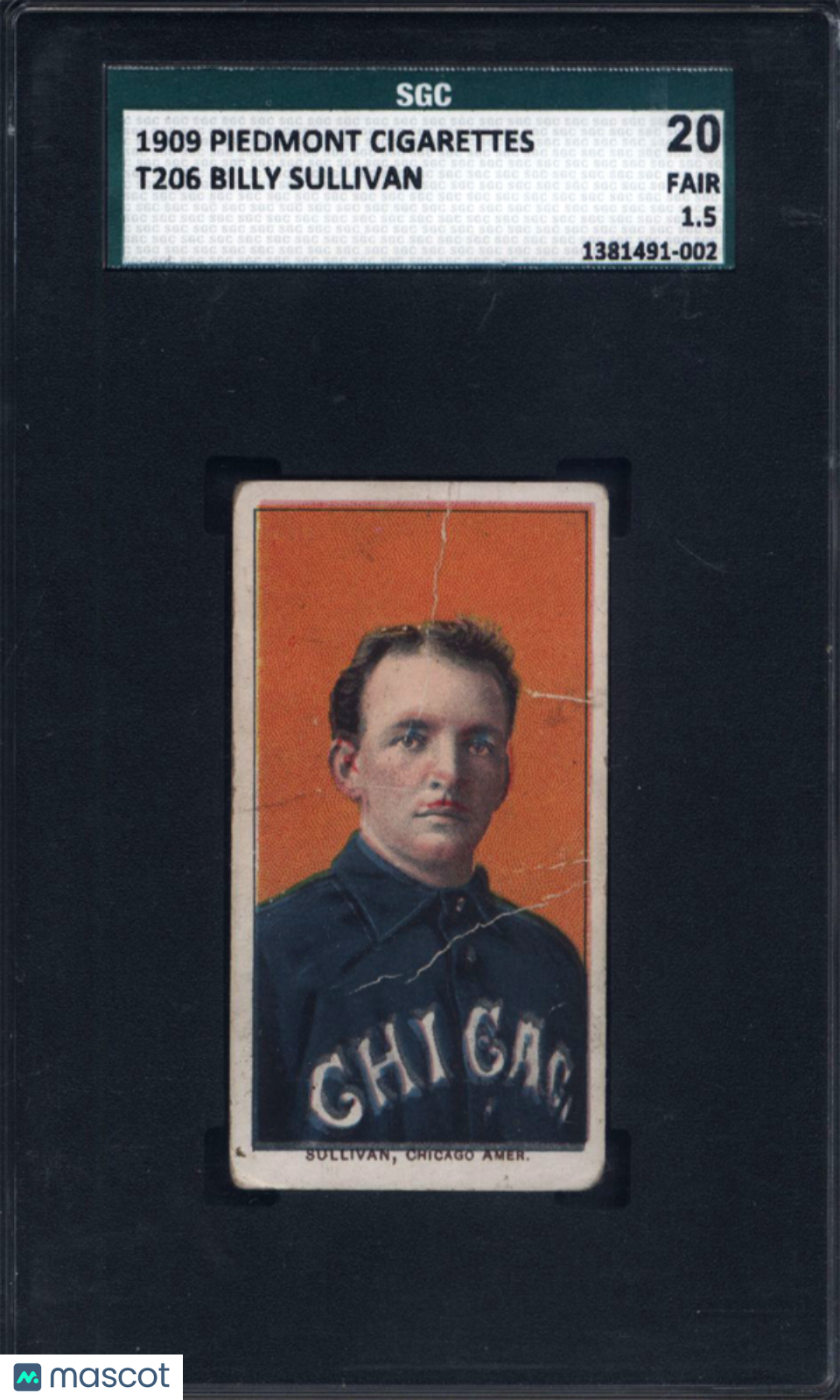 1909 T206 Billy Sullivan Red Moustache White Sox SGC 1.5 Piedmont Back