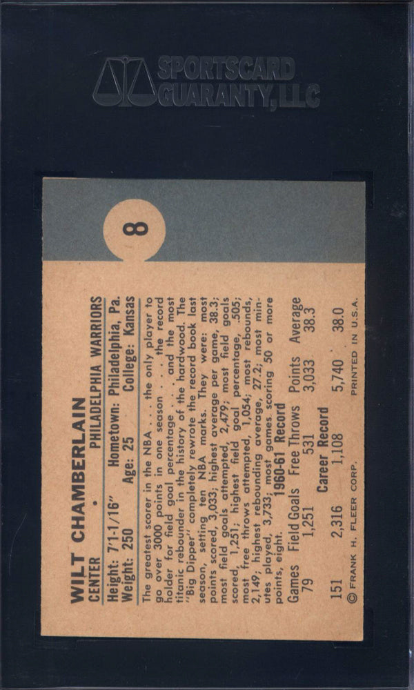 1961 Fleer #8 Wilt Chamberlain Rookie HOF Warriors SGC 5