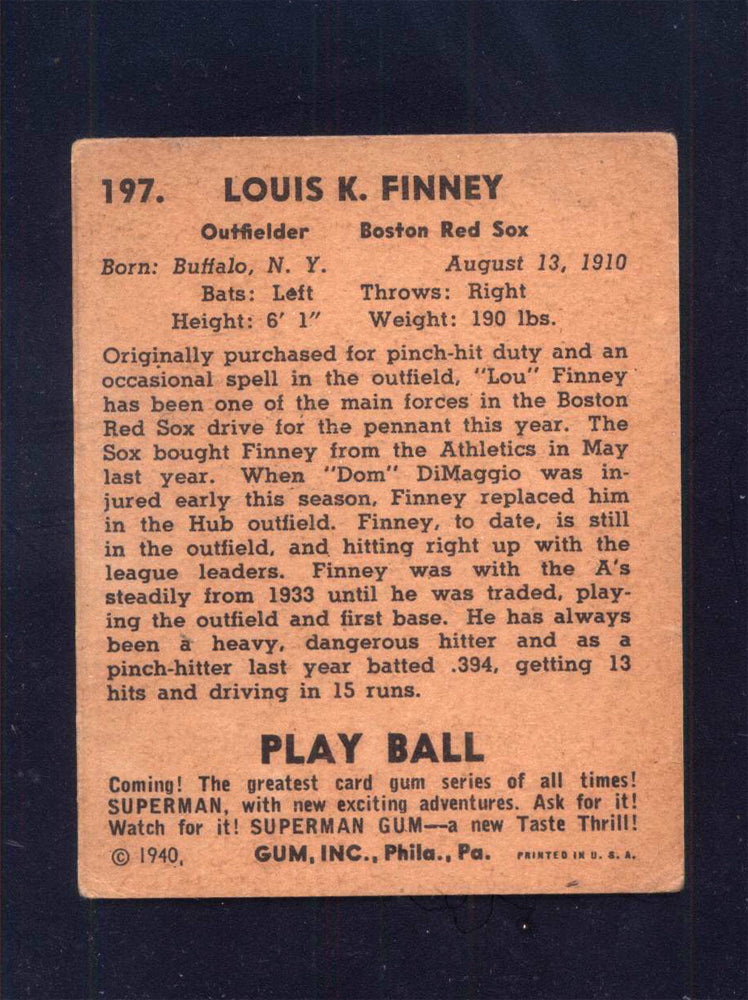 1940 Play Ball #197 Lou Finney Red Sox (VG)