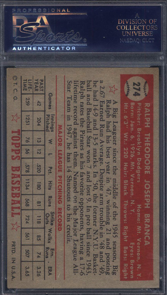 1952 Topps #274 Ralph Branca Dodgers PSA 5