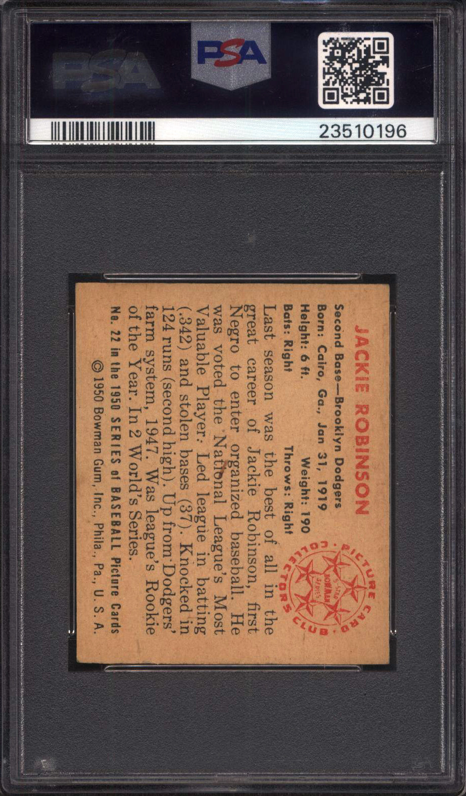 1950 Bowman #22 Jackie Robinson Dodgers PSA 6.5