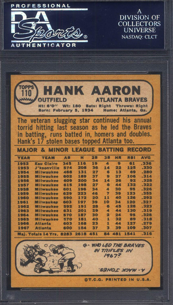 1968 Topps #110 Hank Aaron Braves PSA 8.5 Well Centered