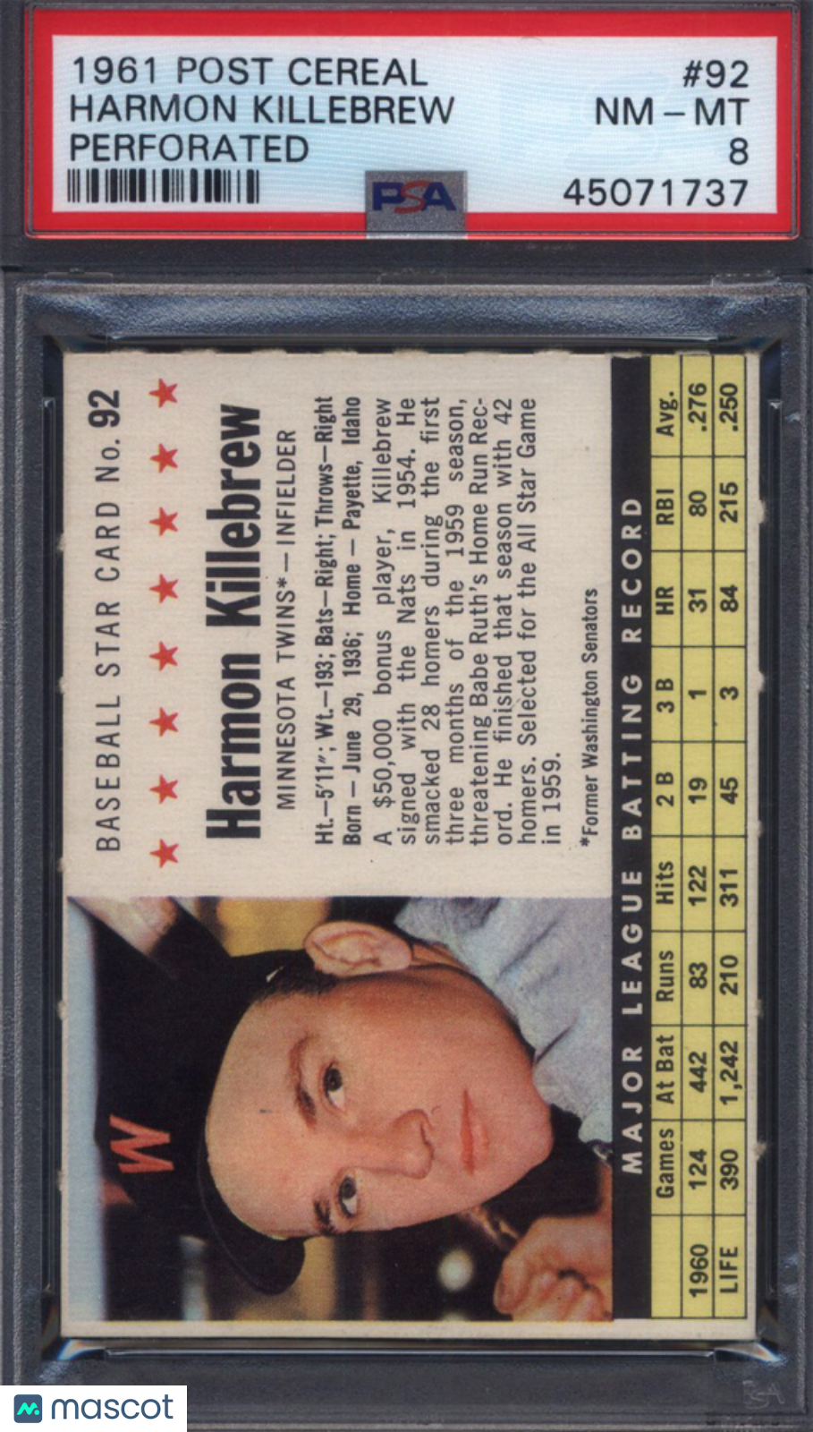 1961 Post Cereal Perforated #92 Harmon Killebrew Twins PSA 8
