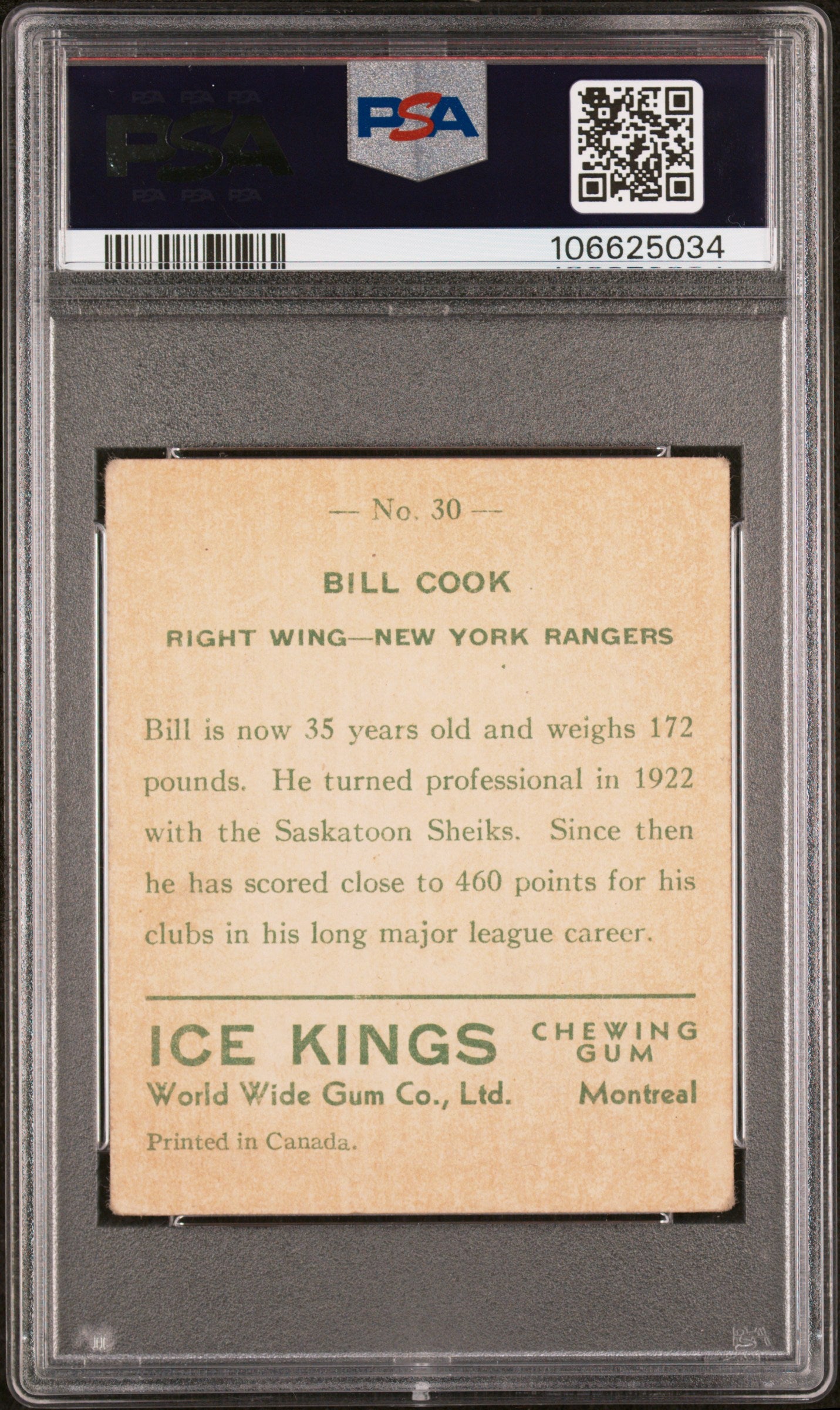 1933 World Wide Gum Ice Kings #30 Bill Cook Rookie HOF English Only PSA 2.5